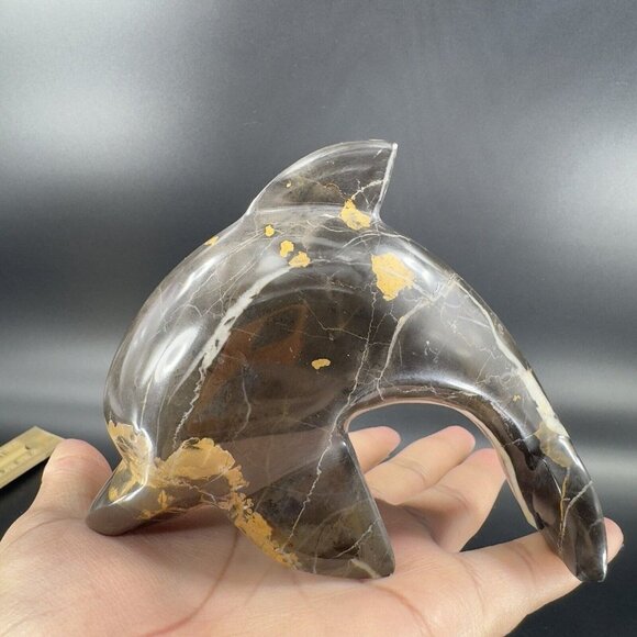 Hand Polished Marble Heavy Dolphin Figurine Animal Brown Multicolor Vintage - Picture 12 of 14